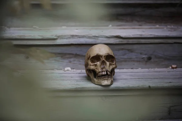 Skull Man Lying Steps Old Wooden Staircase Illuminated Light Horrors — Stok fotoğraf