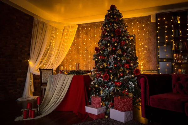 Decorado Para Interior Ano Novo Casa Plano Geral Árvore Natal — Fotografia de Stock