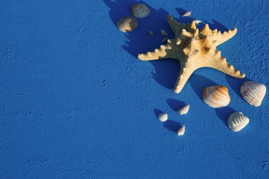 Deniz temalı plaj aksesuarları olan çerçeve: sarı hasır şapka, güneş gözlüğü, deniz yıldızı ve mavi arka planda deniz kabuğu. Tatil konsepti, deniz yolculuğu, ultraviyole koruma, yüzme. Uzayı kopyala Düz Yatay