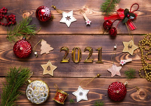 Vánoční Byt Ležel Novým Rokem 2021 Symbolem Zlatých Čísel Centru — Stock fotografie