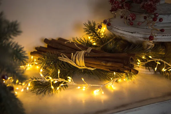 Palitos Canela Atados Con Cuerda Guirnaldas Luces Amarillas Ramas Árbol —  Fotos de Stock