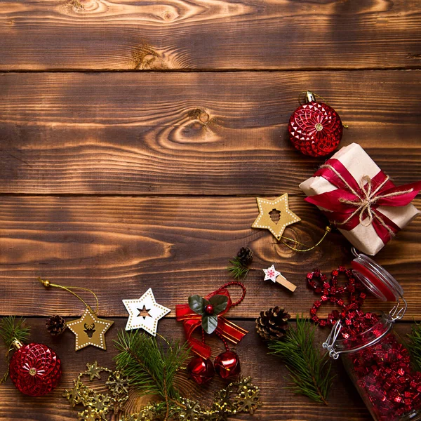 Frame Met Kerstdecor Een Houten Achtergrond Nieuwjaar Vakantie Sfeer Groene — Stockfoto