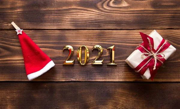 Apartamento Natal Leigos Com Ano Novo 2021 Símbolo Números Ouro — Fotografia de Stock