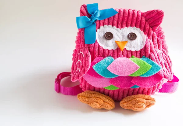 Toy Pink Backpack Girls Shape Owl Eyes Buttons Applique Ribbon — Stock Photo, Image