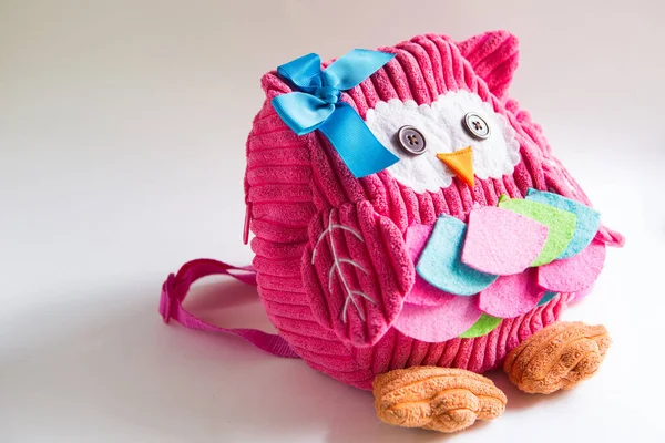 Toy Pink Backpack Girls Shape Owl Eyes Buttons Applique Ribbon — Stock Photo, Image