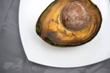 Bozuk avokado, yeşil küf ve gri arka planda çürük ve mantar lekeleri. Doğal meyveyi kes, yarısı yuvarlak kemikle. Metin için boşluk