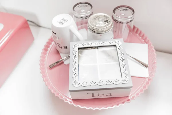Shabby Chic White and Grey Tea Set on Pink Tray