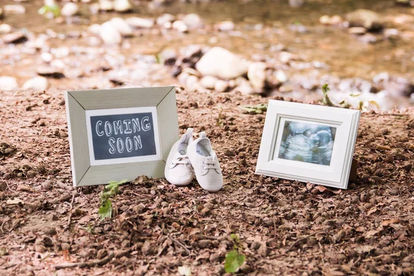 Baby Ultrasound Coming Soon Photo Frames Baby Shoes — Stock Photo, Image