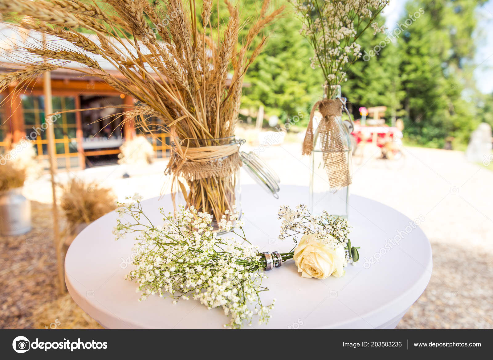 Wedding Rings Gypsophila Wedding Table Stock Photo