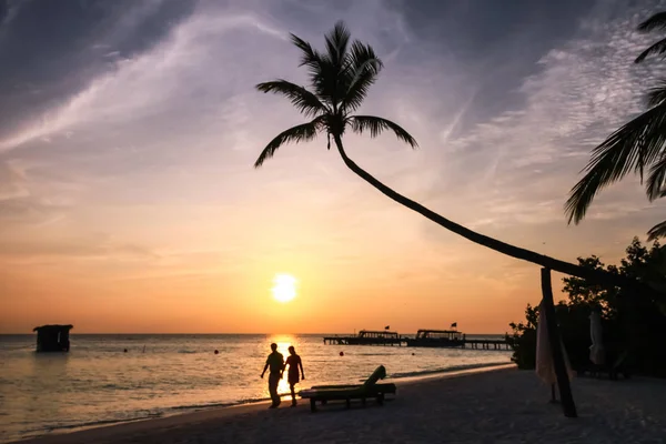 Пара Ходіння Мальдівскіе Острів Курортного Пляжу Заході Сонця — стокове фото