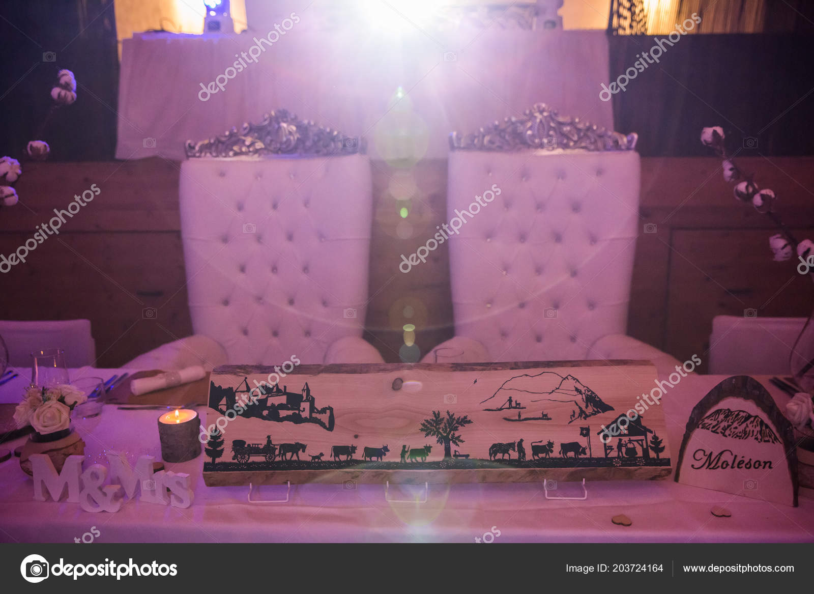 Bride Groom Wedding Seats Wedding Table Pink Light Stock Photo