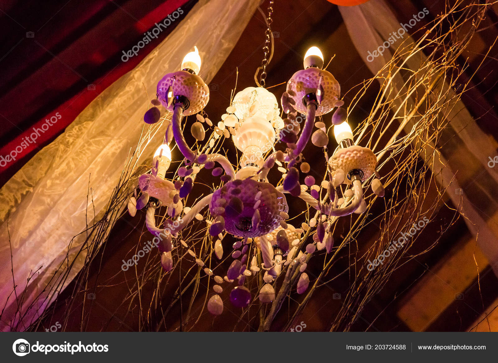 Hanging Chandelier Tulle Wedding Lighting Stock Photo