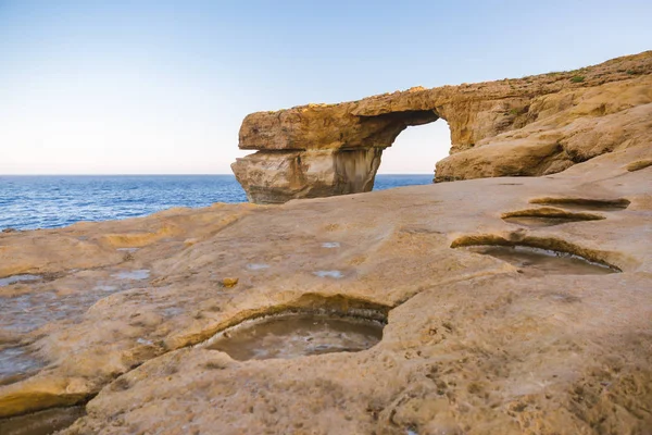 Gozo Island Azure Window Sea Arch Limestone Formations Sunrise — Stock Photo, Image