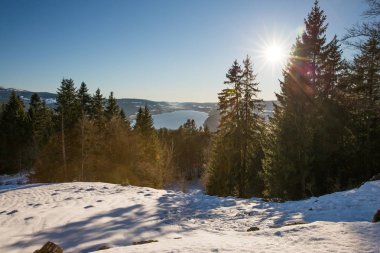 Kış güneşli bir dağ göl ve orman manzaralı görünüm