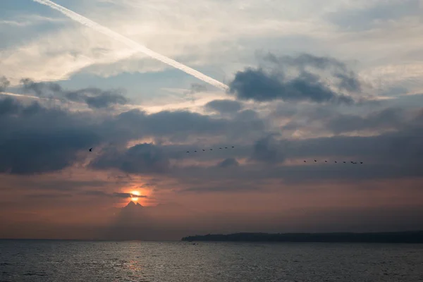 Păsările Zboară Deasupra Lacului Leman Răsărit Soare Spatele Norilor Munților — Fotografie, imagine de stoc