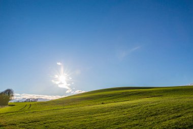 Yeşil alanlar ve mavi gökyüzü parlak güneşli bir günde haddeleme