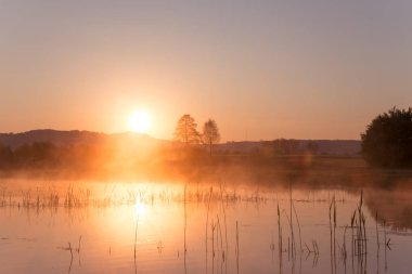 Misty Golden gündoğumu göl üzerinde baharda yansıtan