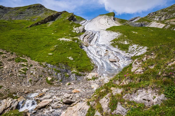 Δραματική Βραχώδες Βουνό Mont Blanc Μονοπάτι Ρεύμα Και Άγρια Λουλούδια — Φωτογραφία Αρχείου