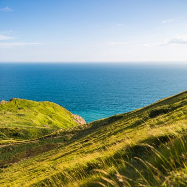 Lulworth Cove dramatik yeşil kayalıklarla içinde belgili tanımlık geçmiş Atlantik Okyanusu ile