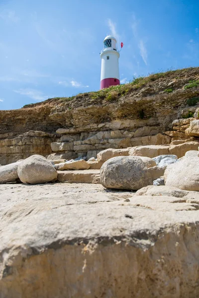 Faro Portland Bill Brillante Día Soleado Con Cielo Azul — Foto de Stock