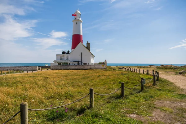 Faro Portland Bill Día Soleado Brillante Con Cielo Azul Mar — Foto de Stock