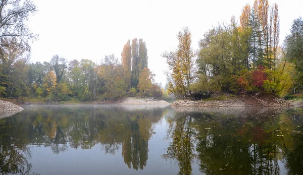 Sonbahar, puslu sabah parkta etrafında ağaçlar büyümek bir su birikintisi. Taşlı shore.
