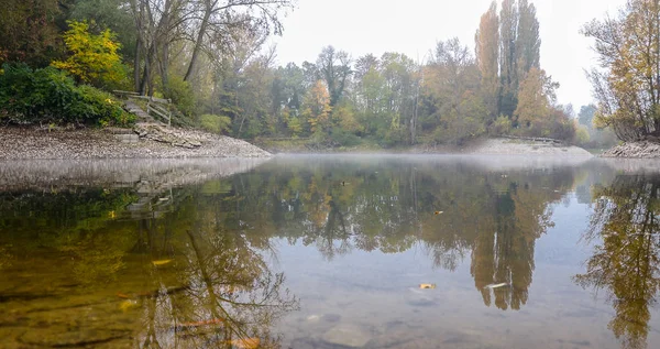 Sonbahar, puslu sabah parkta etrafında ağaçlar büyümek bir su birikintisi. Taşlı shore.