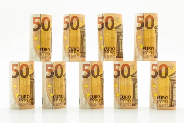 Rolled Euro Banknotes Rows Isolated White Background — Stock Photo, Image