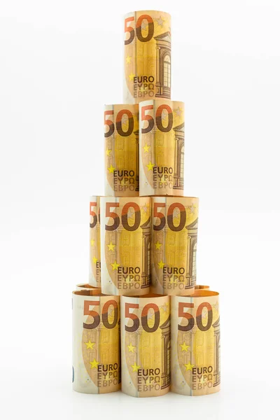 Rolled Euro Banknotes Shape Pyramid Isolated White Background — Stock Photo, Image