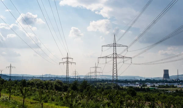 Elektřina Energie Energie Elektrický Vysoká Kabel Pylonu Linie Průmysl Zelená — Stock fotografie