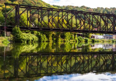 Ağaçlarda sonbahar renkleri arka planda ormandaki nehir kanalı metal tren köprüden.