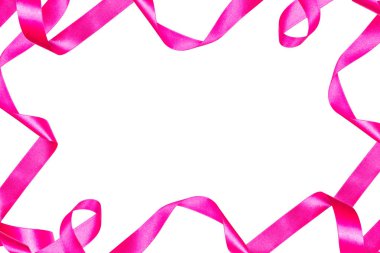 Pembe saten kurdeleler izole kırpma yolunu ve kopya alanı orta ile beyaz zemin üzerine yapılan çerçeve.