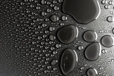 Hassas bir ışıkla aydınlatılmış siyah, mat bir arka plan üzerinde Su damlacıkları.