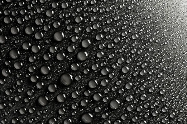 Droplets Water Black Matte Background Illuminated Delicate Light — Stock Photo, Image