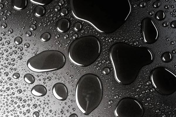 Droplets of water on a black, matte background illuminated with a delicate light.