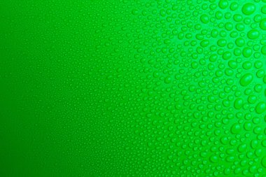 Hassas bir ışıkla aydınlatılmış yeşil, mat bir arka plan üzerinde Su damlacıkları.