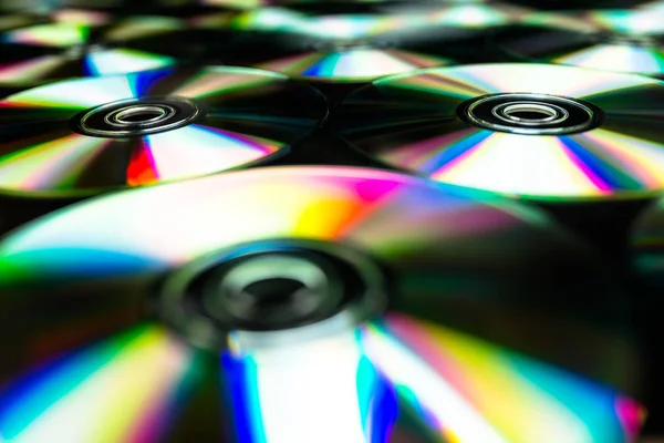 Cds Dvds Lying Black Background Reflections Light — Stock Photo, Image