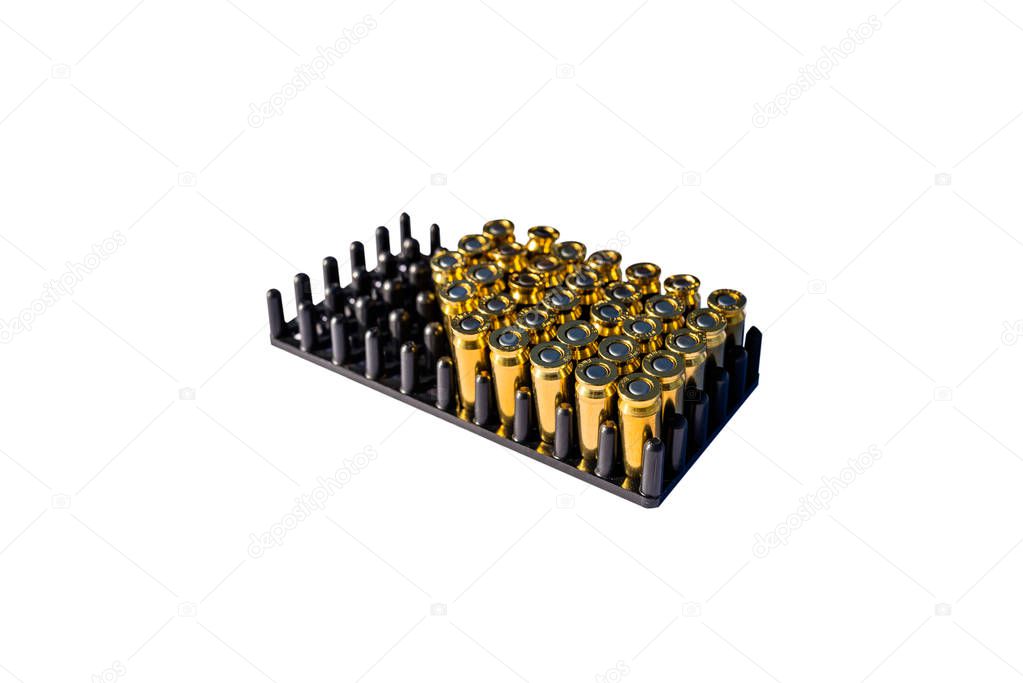 A lot of blind cartridges for guns in the package with 8mm caliber, isolated on a white background with a clipping path and space for text.