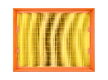 Araç için dikdörtgen hava filtresi, kırpma yolu ile beyaz bir arka plan üzerinde izole, üst görünüm.