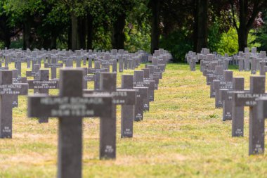 Ysselsteyn, Hollanda - 23 Mayıs 2019. Hollanda 'daki Alman savaş mezarlığında bir sürü küçük, beton haç ve haçta da görünür yazılar var..