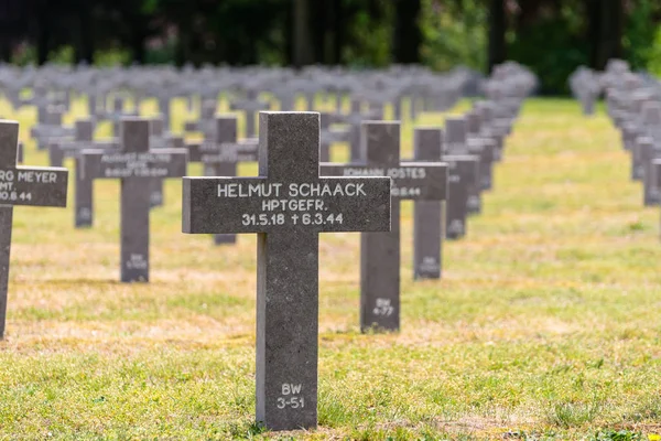 stock image Ysselsteyn, Netherlands - May 23, 2019. A lot of small, concrete crosses at the German war cemetery in the Netherlands with visible inscriptions on the cross.