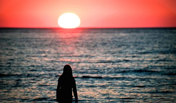 Silhouette Young Woman Standing Seashore Looking Beautiful Sunset — Stock Photo, Image