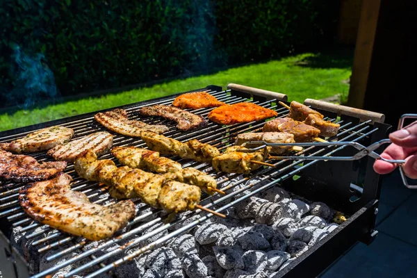 Different Types Meat Fried Home Grill Standing Home Garden Paving — Stock Photo, Image