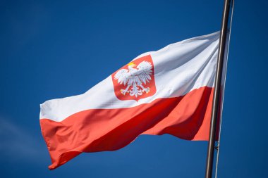 Polonya Cumhuriyeti amblemi ile Polonya devlet bayrağı, mavi gökyüzü bir arka plan üzerinde, rüzgarda.