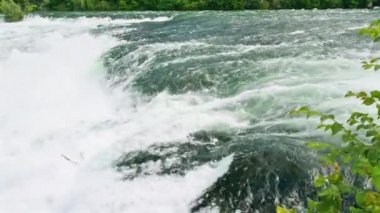 İsviçre bayrağı çırpınan arka planda akan, güçlü bir şelale, güzel bir görünüm. İsviçre'de Neuhausen Rheinfall nehri üzerinde Şelale Ren. Avrupa'nın en büyük şelalesi.