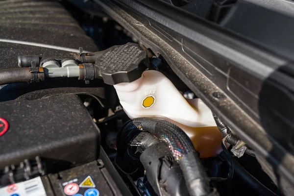 Expansion tank for brake fluid inside the engine compartment.