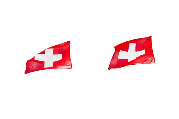 Sviçre Bayrakları Solda Rüzgarsal Sallayarak Kırpma Yolu Ile Beyaz Arka — Stok fotoğraf