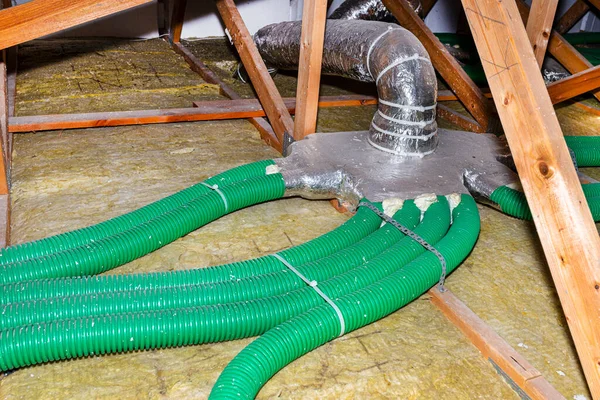 Ventilation Energy Recovery Home Visible Collector Green Flexible Pipe Connection — Stock Photo, Image