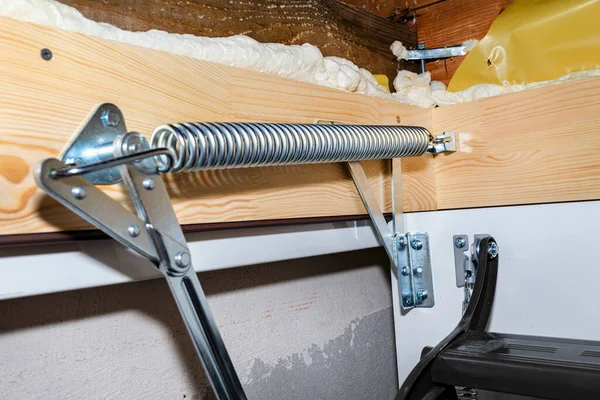 Spring Tensioning Mechanism Helps Opening Metal Ladder Attic Placed Ceiling — Stock Photo, Image