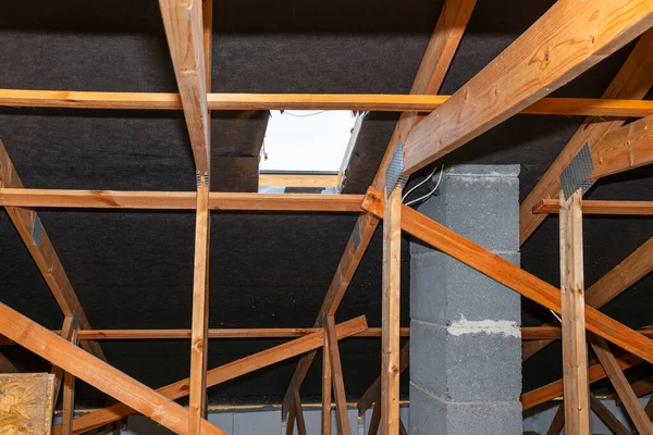 Attic Visible Trusses Roof Hatch Chimney Sweep System Chimney — Φωτογραφία Αρχείου